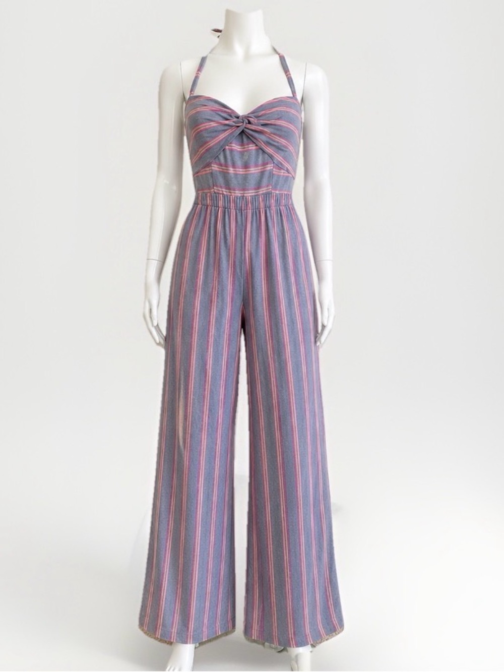 Derek Heart Pastel Stripe Halter Wide Leg Jumpsuit Medium